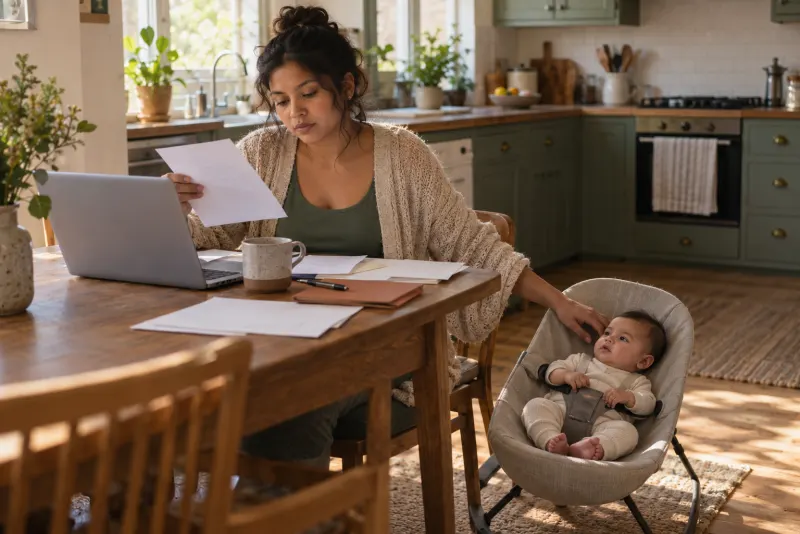 Mother working through forms and a laptop at a kitchen table, her baby in a bouncer beside her