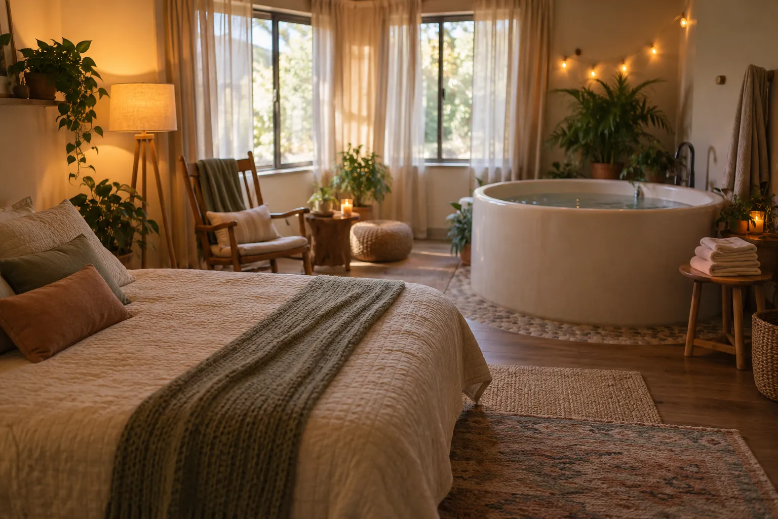 Birth center room with a queen bed, a birth tub, a rocking chair and warm window light