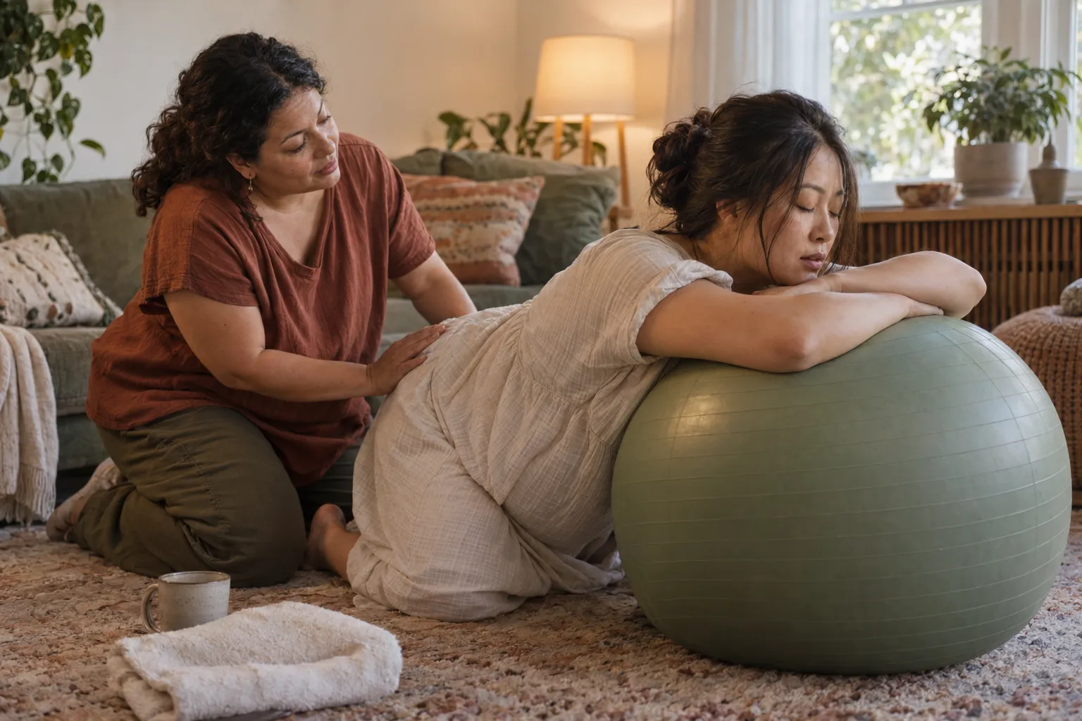 Doula kneeling beside a pregnant woman who leans on a birth ball at home, a hand on her lower back