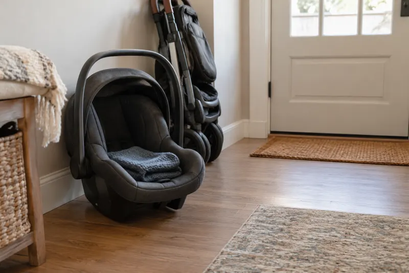 A rear-facing infant car seat carrier with a folded stroller in a bright front hallway