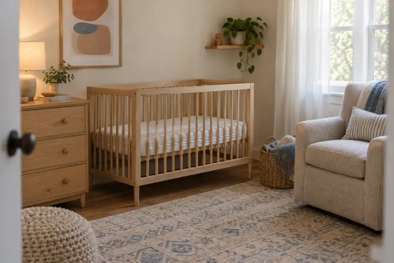 A calm nursery corner with a wooden crib, an upholstered chair, a basket of folded blankets and morning light