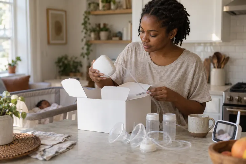 New mom lifting an electric breast pump out of a plain white box, bottles and flanges laid out on the kitchen counter