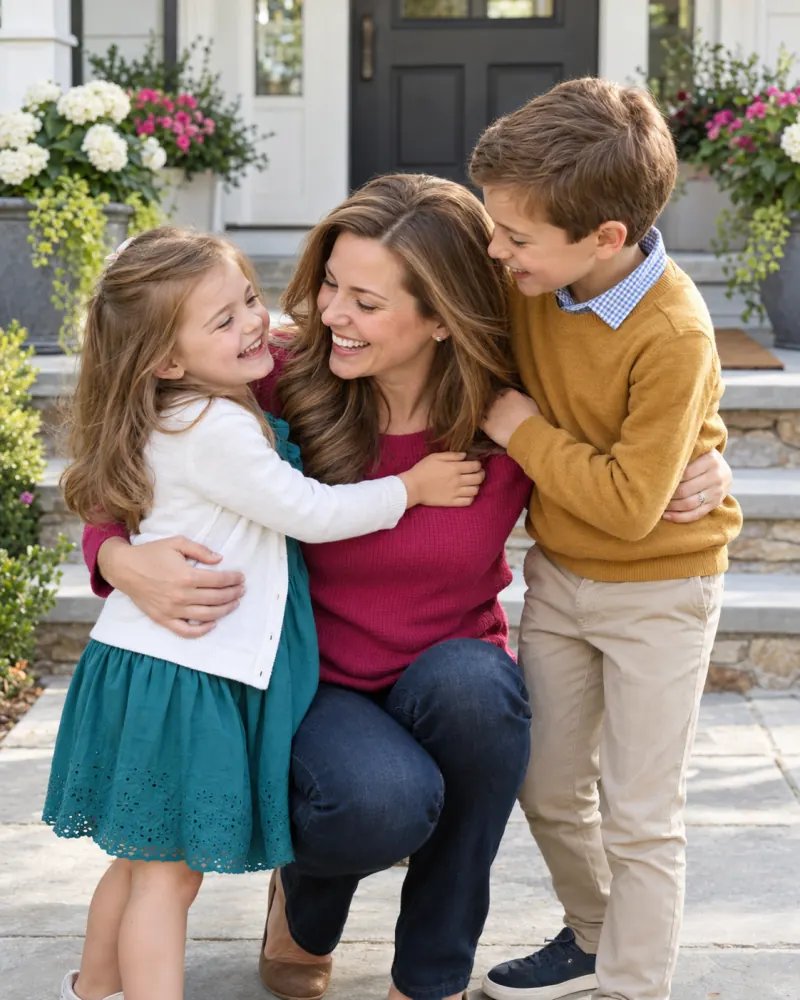 Mother crouching on the front walk, laughing as her two kids run into her arms