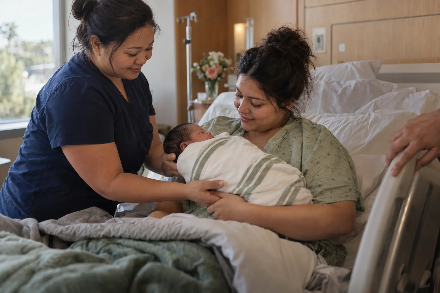 Nurse placing a swaddled newborn in a new mother's arms in a hospital bed
