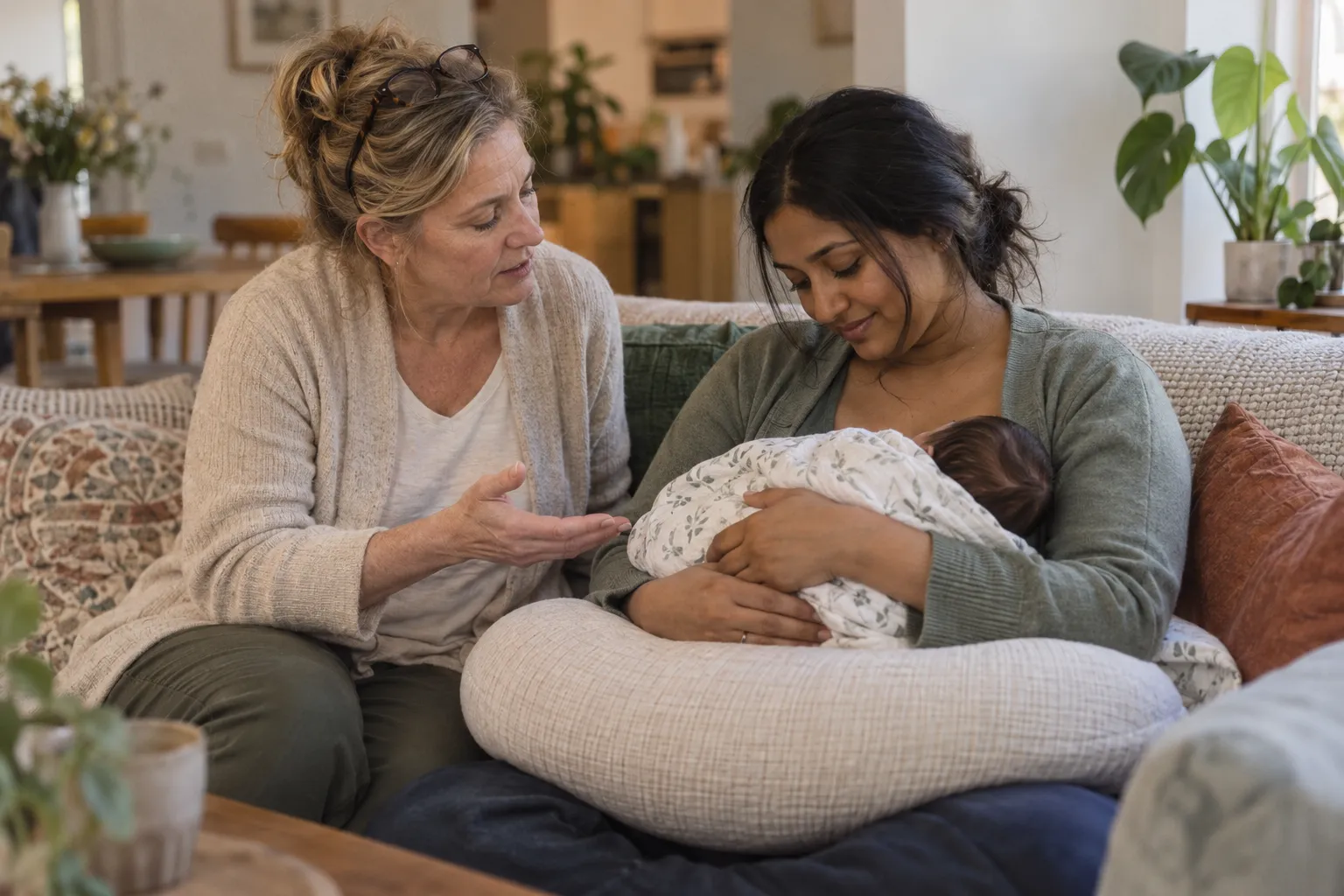 Lactation consultant talking with a mother who holds her swaddled newborn on a nursing pillow