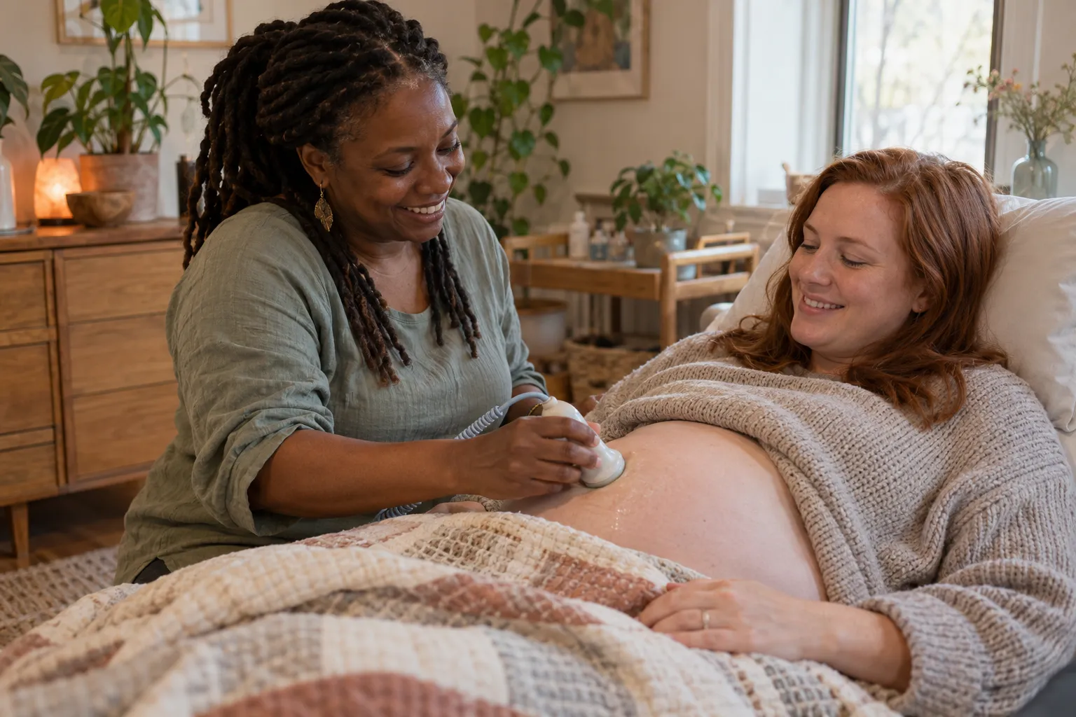 Midwife listening to a baby's heartbeat with a handheld doppler during a prenatal visit