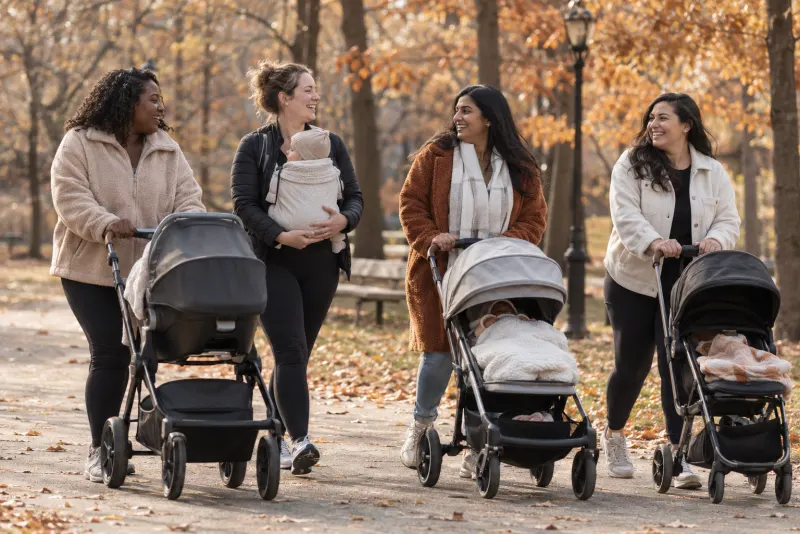 Four mothers pushing strollers and wearing a baby along a park path lined with autumn trees