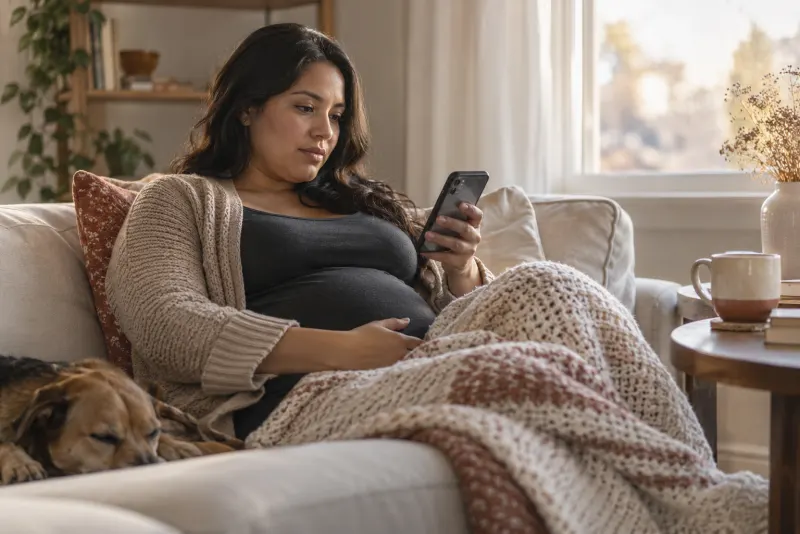 Pregnant woman curled up on the sofa under a knit throw, searching on her phone, a dog asleep beside her