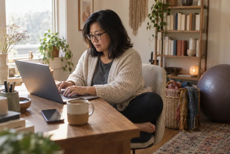 Doula and lactation consultant typing at a laptop in her home office, a birth ball and a basket of scarves behind her