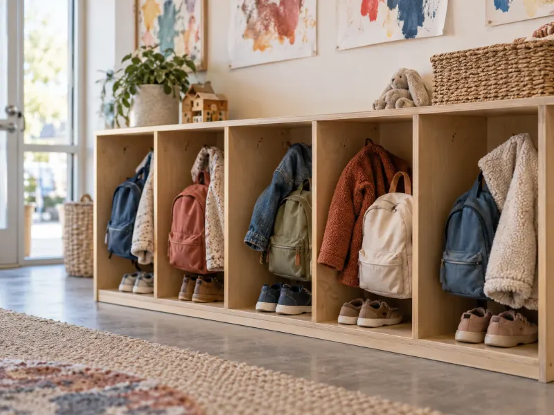 Small cubbies at a childcare center holding toddler backpacks, jackets and tiny shoes