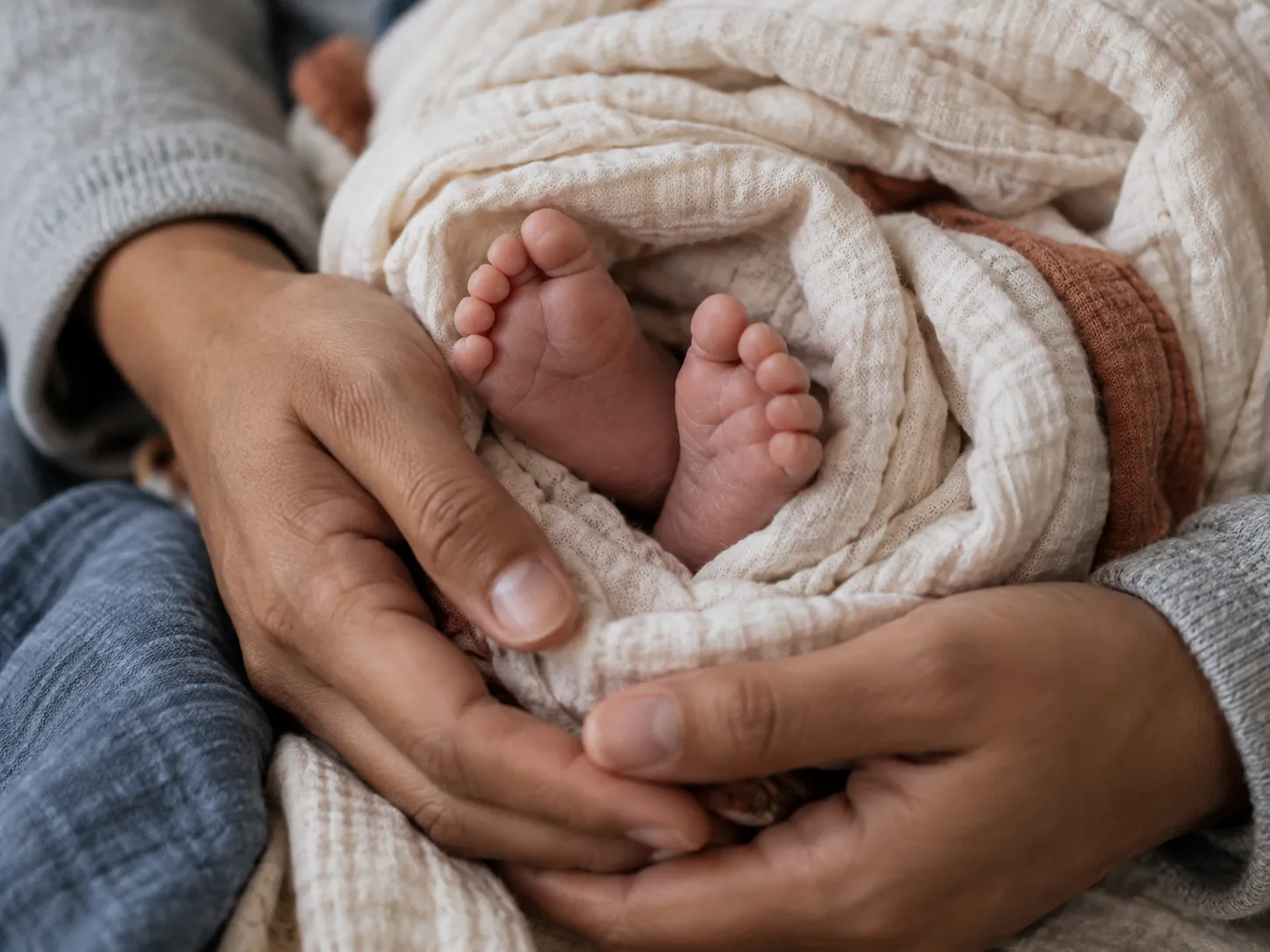 A parent's hands cradling a sleeping newborn's feet wrapped in a muslin swaddle