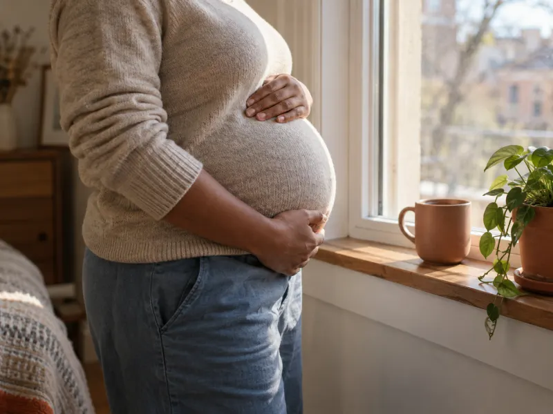 A pregnant woman in a soft knit sweater resting her hands on her belly by a window, a mug of tea on the sill