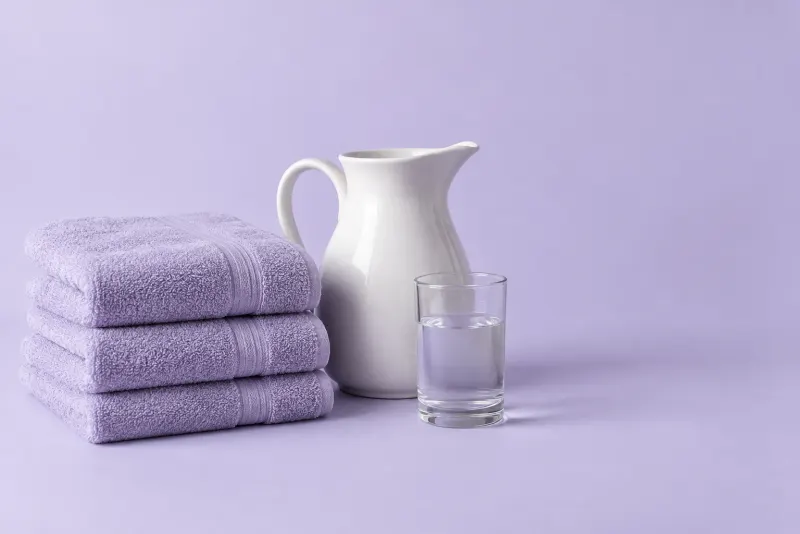 Folded lavender towels, a white water pitcher and a glass on a lilac backdrop