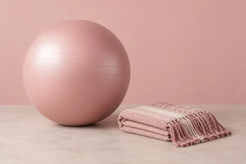 A rose-pink birth ball and a folded woven rebozo scarf on a pink backdrop