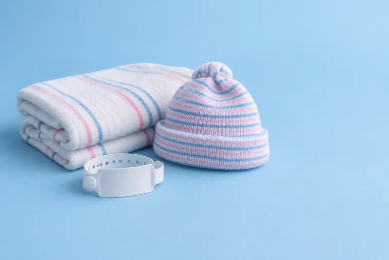 A newborn ID bracelet, a striped knit baby hat and a receiving blanket on a sky-blue backdrop