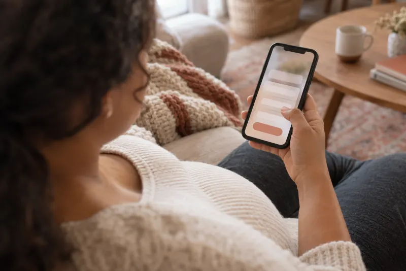 Over-the-shoulder view of a pregnant woman filling in a simple form on her phone on the sofa
